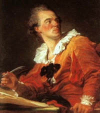 Inspiration by Jean-Honoré Fragonard depicts the moment when an artist receives inspiration