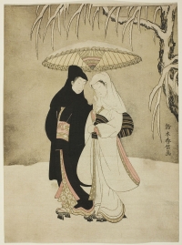 Suzuki Harunobu - Ljubavnici na snegu pod kišobranom 
